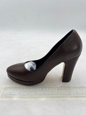 miss left Brown Platform Closed Almond Toe Pumps Classic Slip On Block Heel Shoe